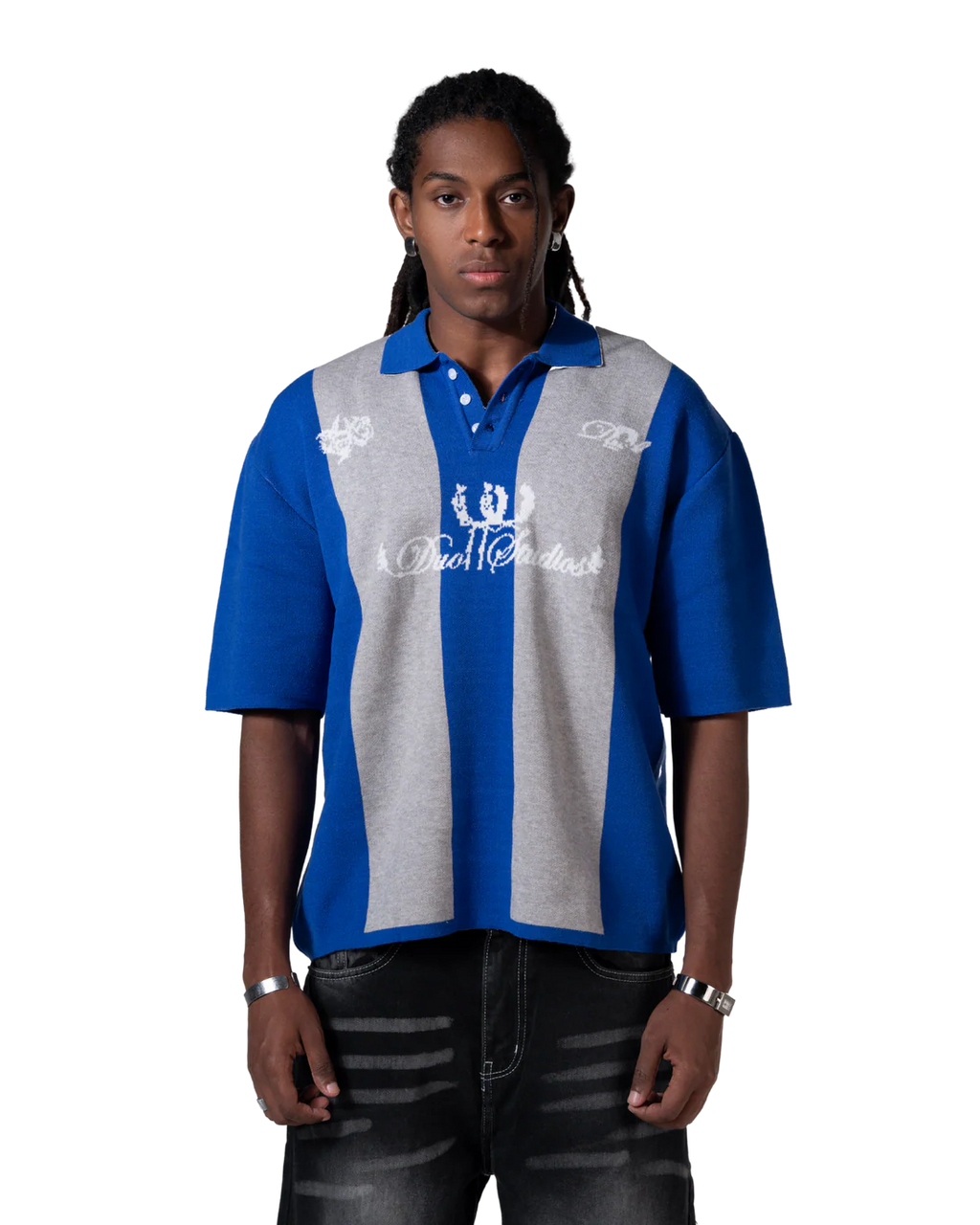 Duo11- Striped Knitted Polo- Blue