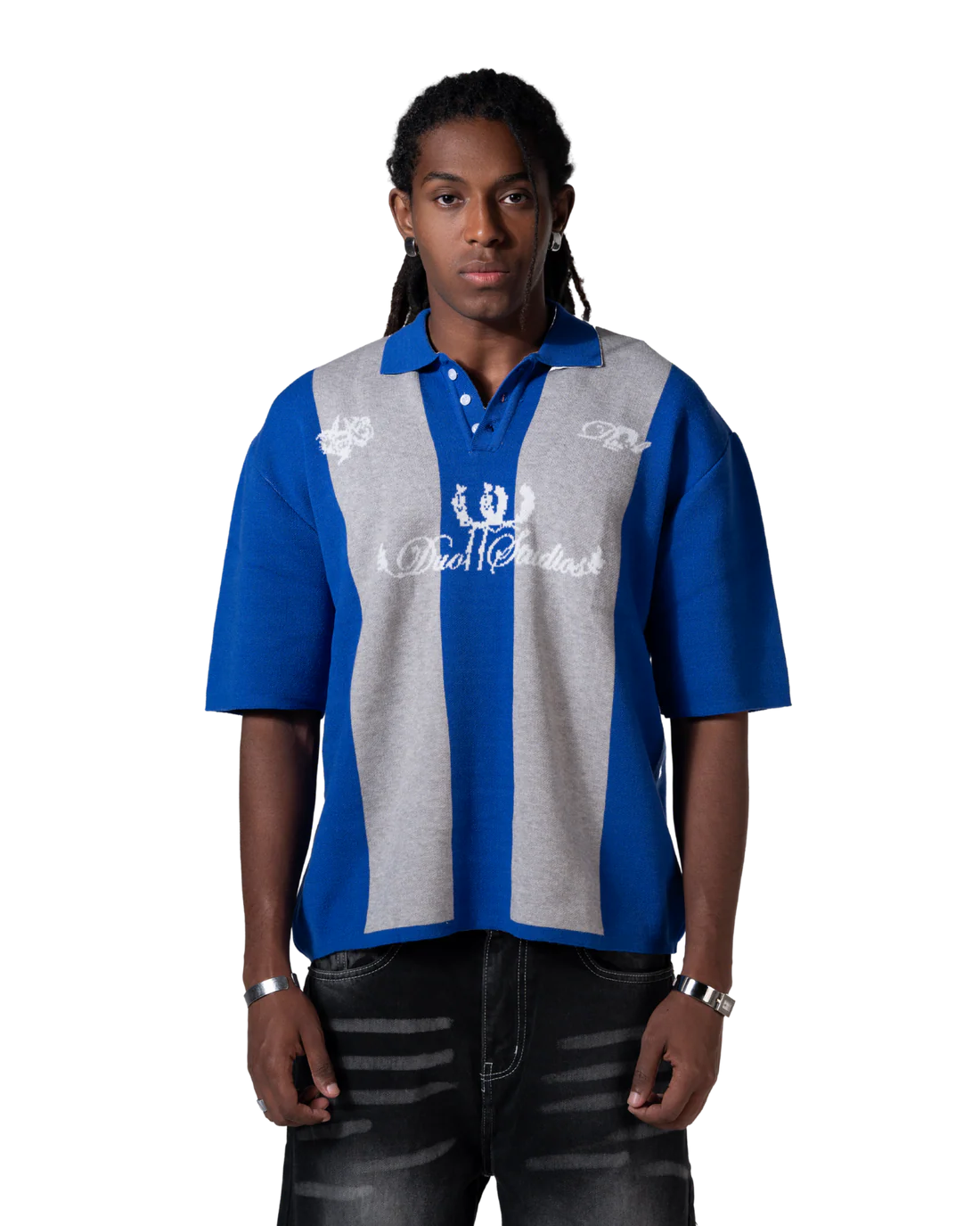 Duo11- Striped Knitted Polo- Blue
