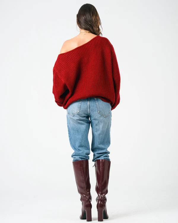 YONYO - OFF-SHOULDER - Burgundy Knitted Sweater