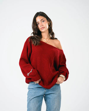 YONYO- “OFF-SHOULDER” Burgundy Knitted Sweater