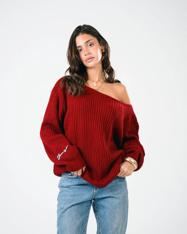 YONYO - OFF-SHOULDER - Burgundy Knitted Sweater