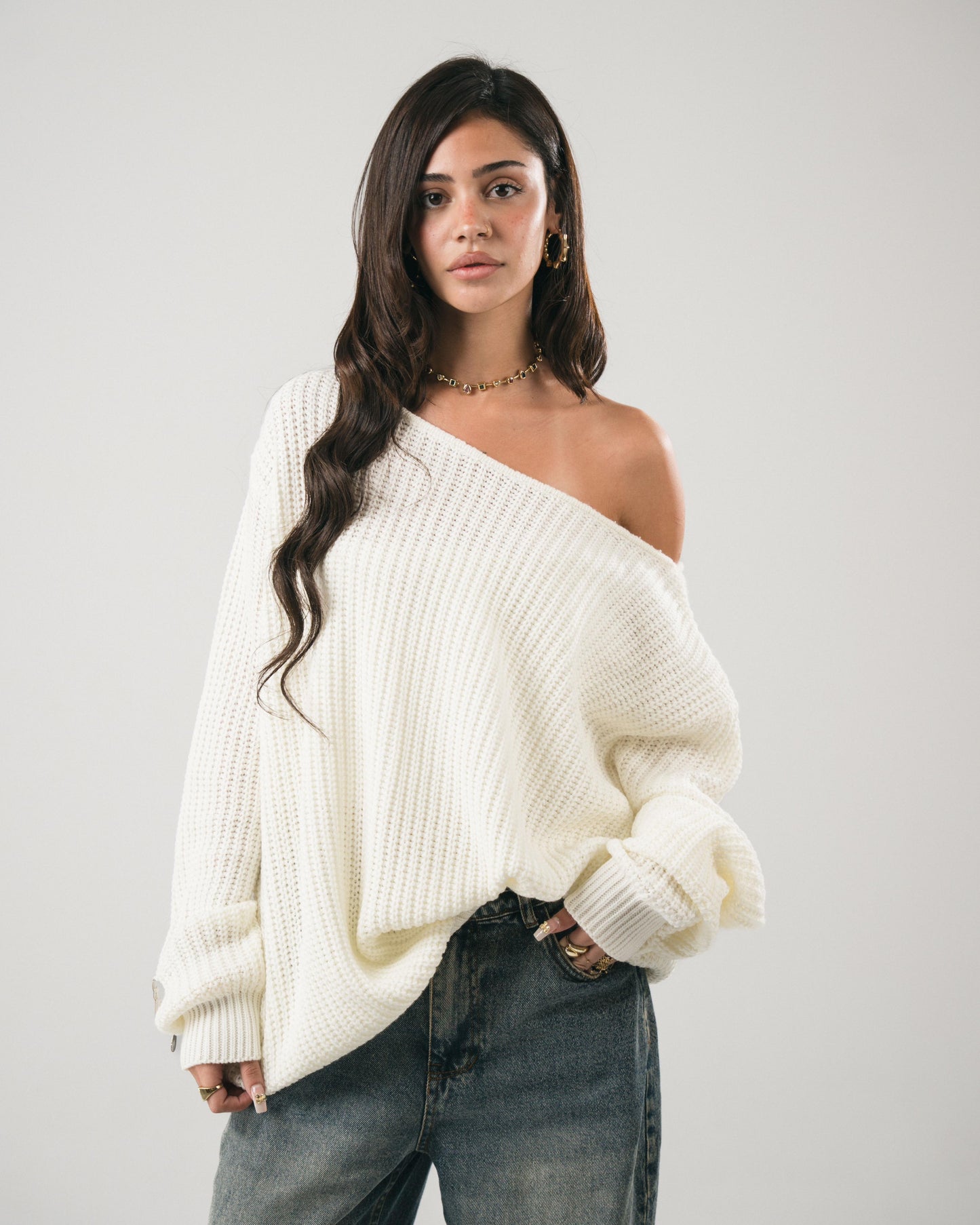 YONYO - OFF-SHOULDER Knitted Sweater - Off White