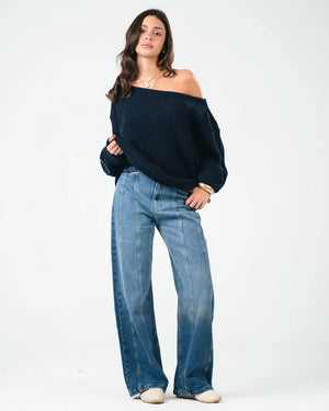 YONYO- “OFF-SHOULDER” Navy Knitted Sweater