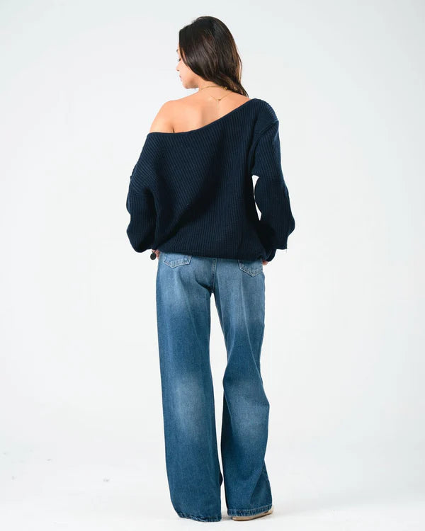 YONYO - OFF-SHOULDER - Navy Knitted Sweater