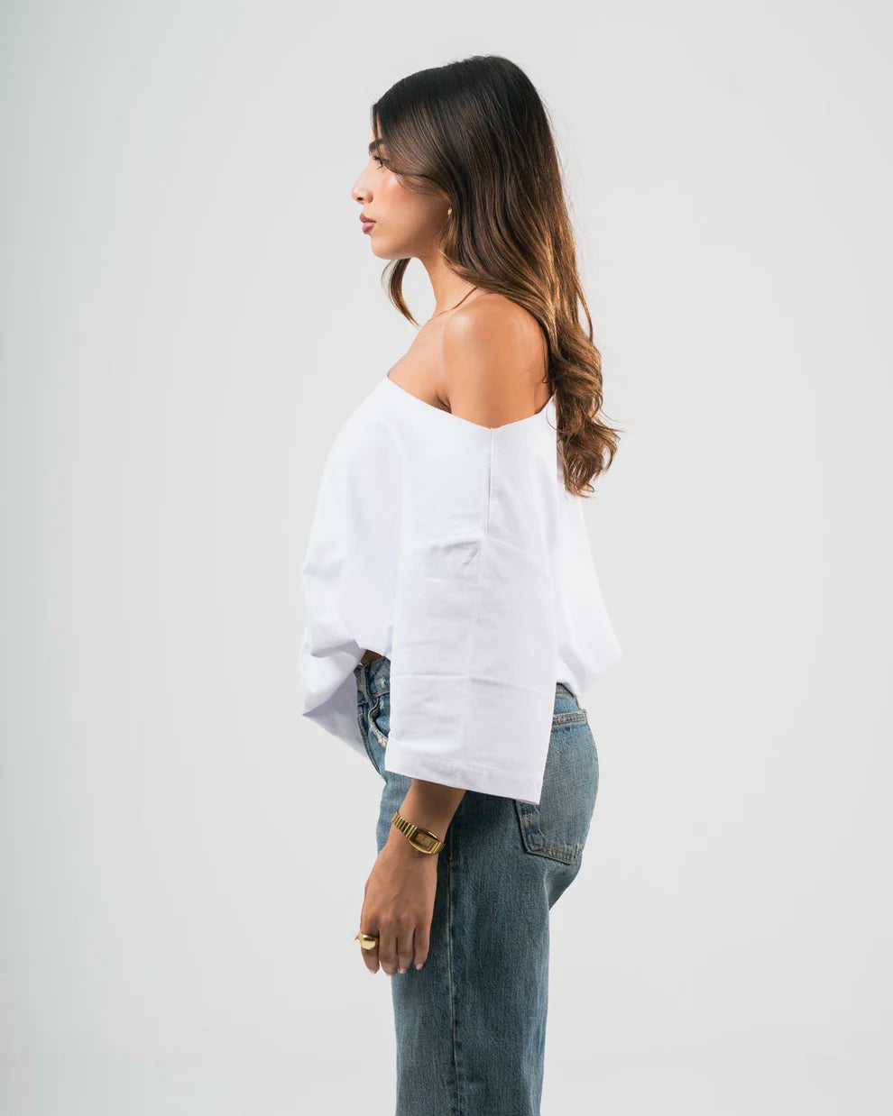 Blouse Off The Shoulder White Tee Yonyo- Off-shoulder T-shirt- White S